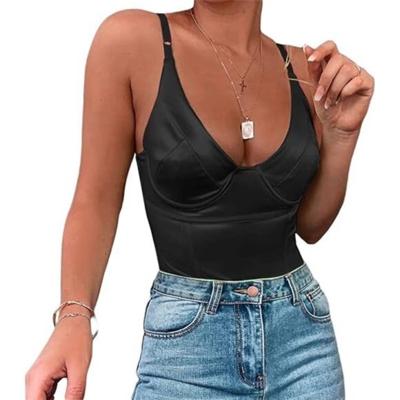 Women's Shiny Deep V-Neck Thong Bodysuit – Tank Top with Underwire - Picture 6 of 6